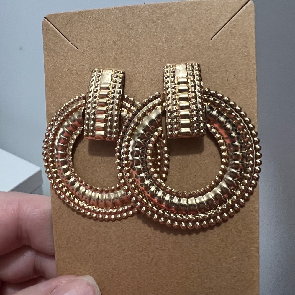 Gold Tone Chunky Hoop Dangle Earrings Statement Textured‎ Retro
